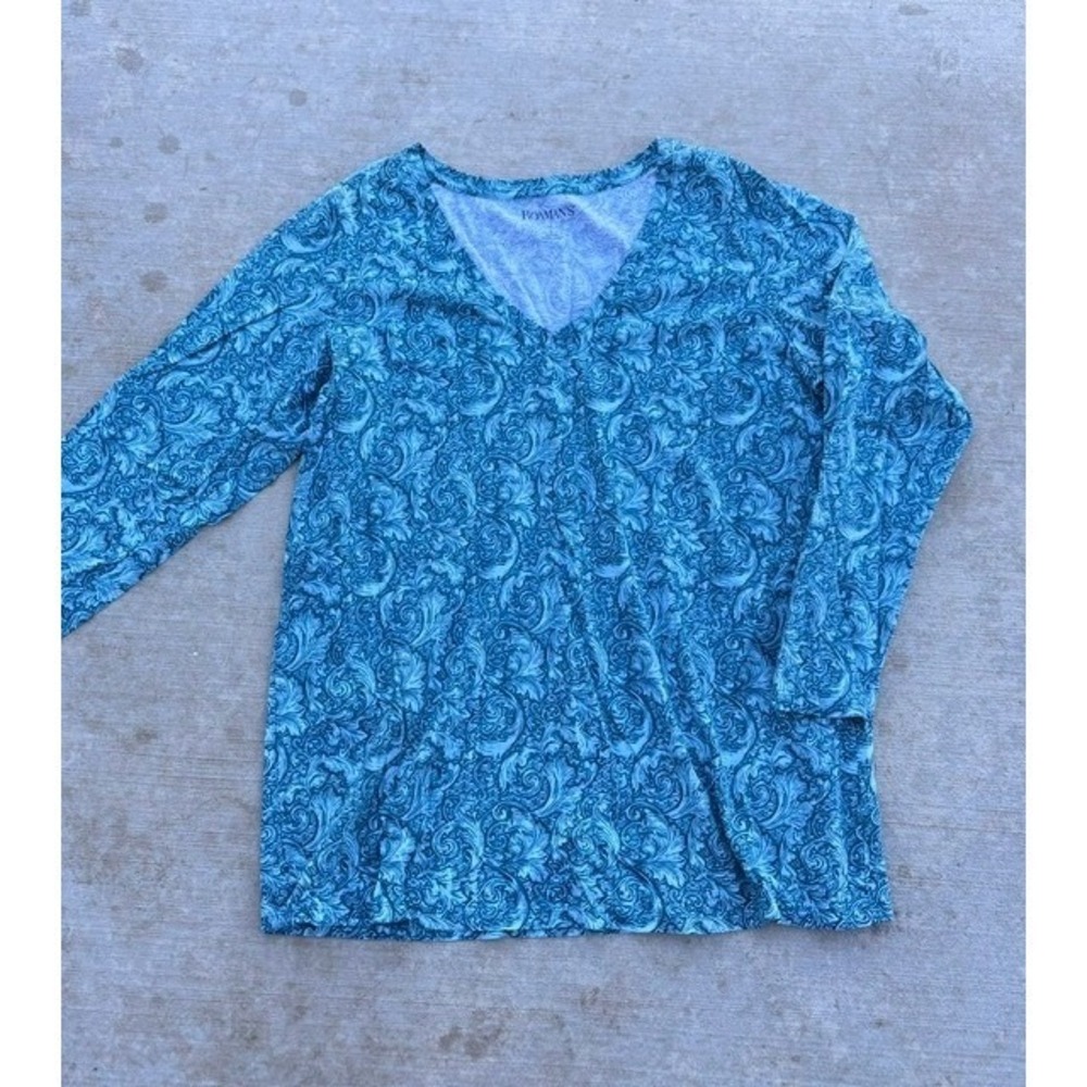 Roamans Teal Blue Damask Scroll Print V-Neck 3/4 Sleeve Top Size 12 S